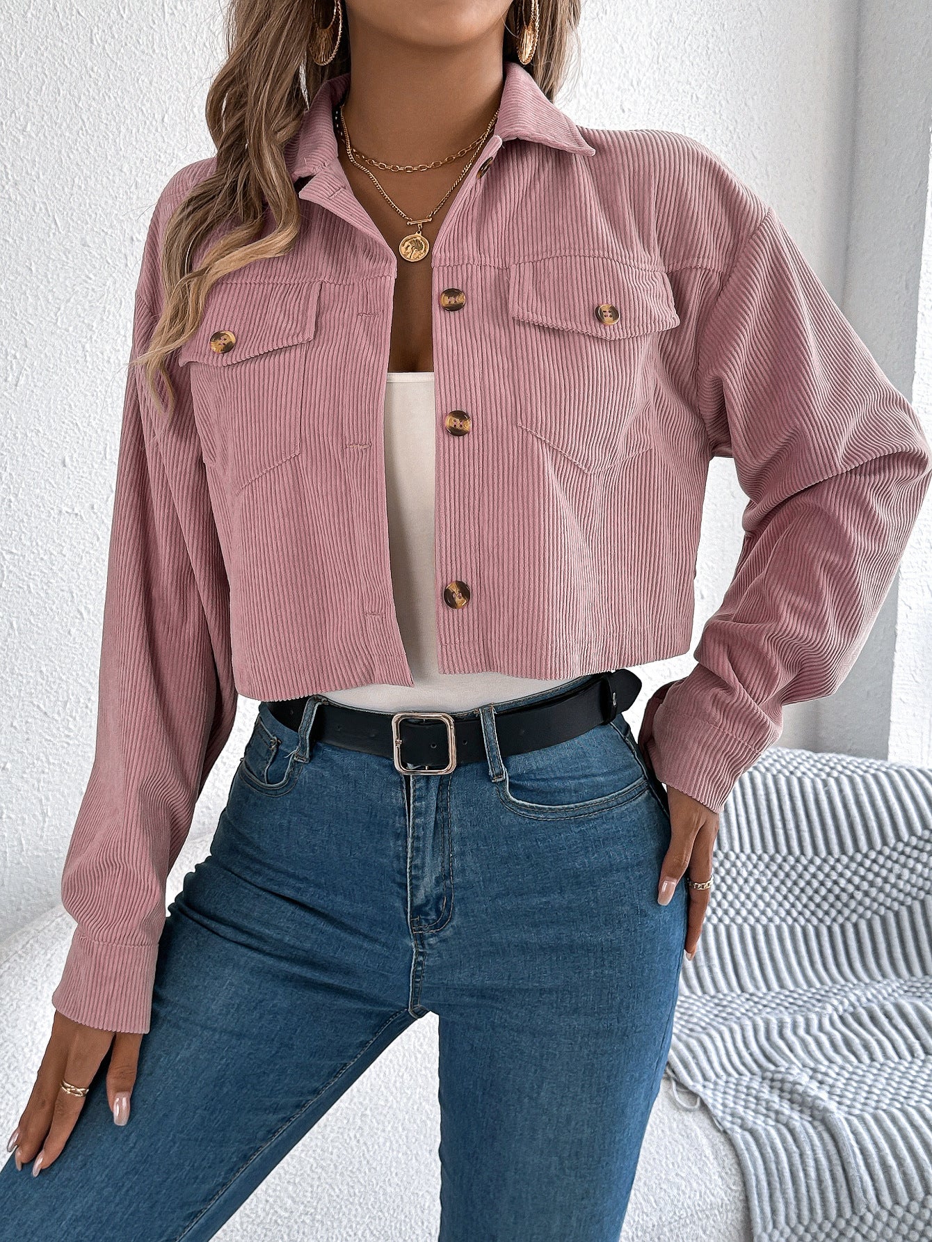 Corduroy Cropped Button Down Shacket for Women