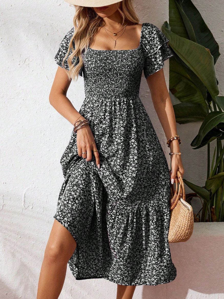 Floral Smocked Square Neck Midi Dress Ruffle Sleeve