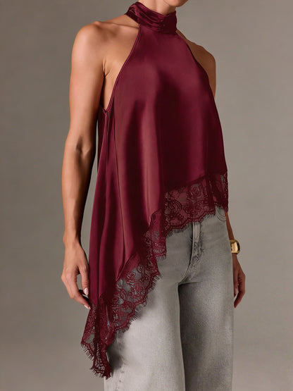 Satin Lace Trim Halter Tank Sleeveless Summer Top