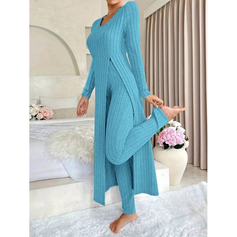 Women's Ribbed Knit Side Split Long Sleeve Two Piece Set