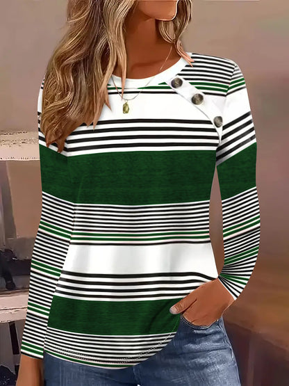 Women's Striped Color Block Button Long Sleeve Tunic Top