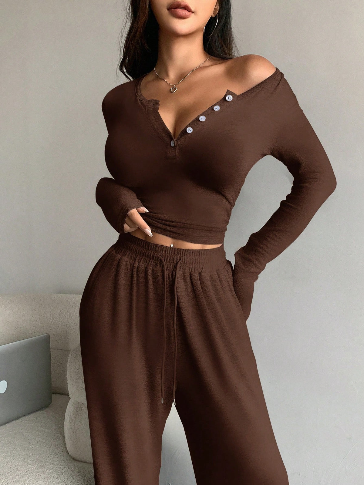 Women's Off Shoulder Button Front Knit Two Piece Pants Set