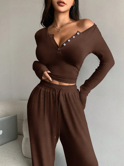 Women's Off Shoulder Button Front Knit Two Piece Pants Set