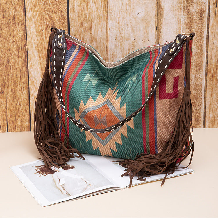 Boho Woven Canvas Tassel Shoulder Bag for Women