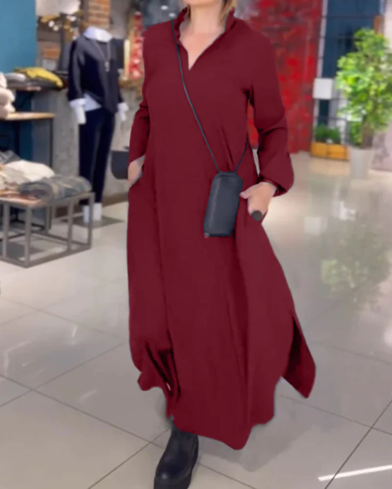 Women's Casual V Neck Long Sleeve Maxi Dress with Pockets