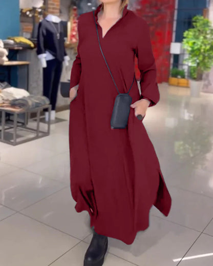 Women's Casual V Neck Long Sleeve Maxi Dress with Pockets