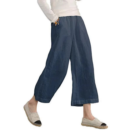 Women's Linen Cotton Wide Leg Cropped Pants Relaxed Fit