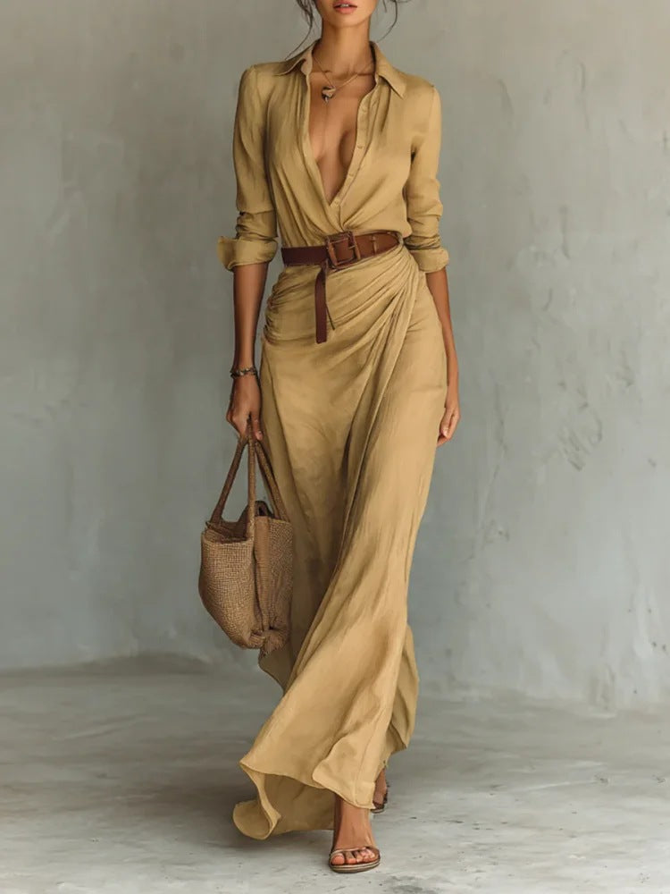 Belted Ruched Maxi Shirt Dress Long Sleeve V-Neck