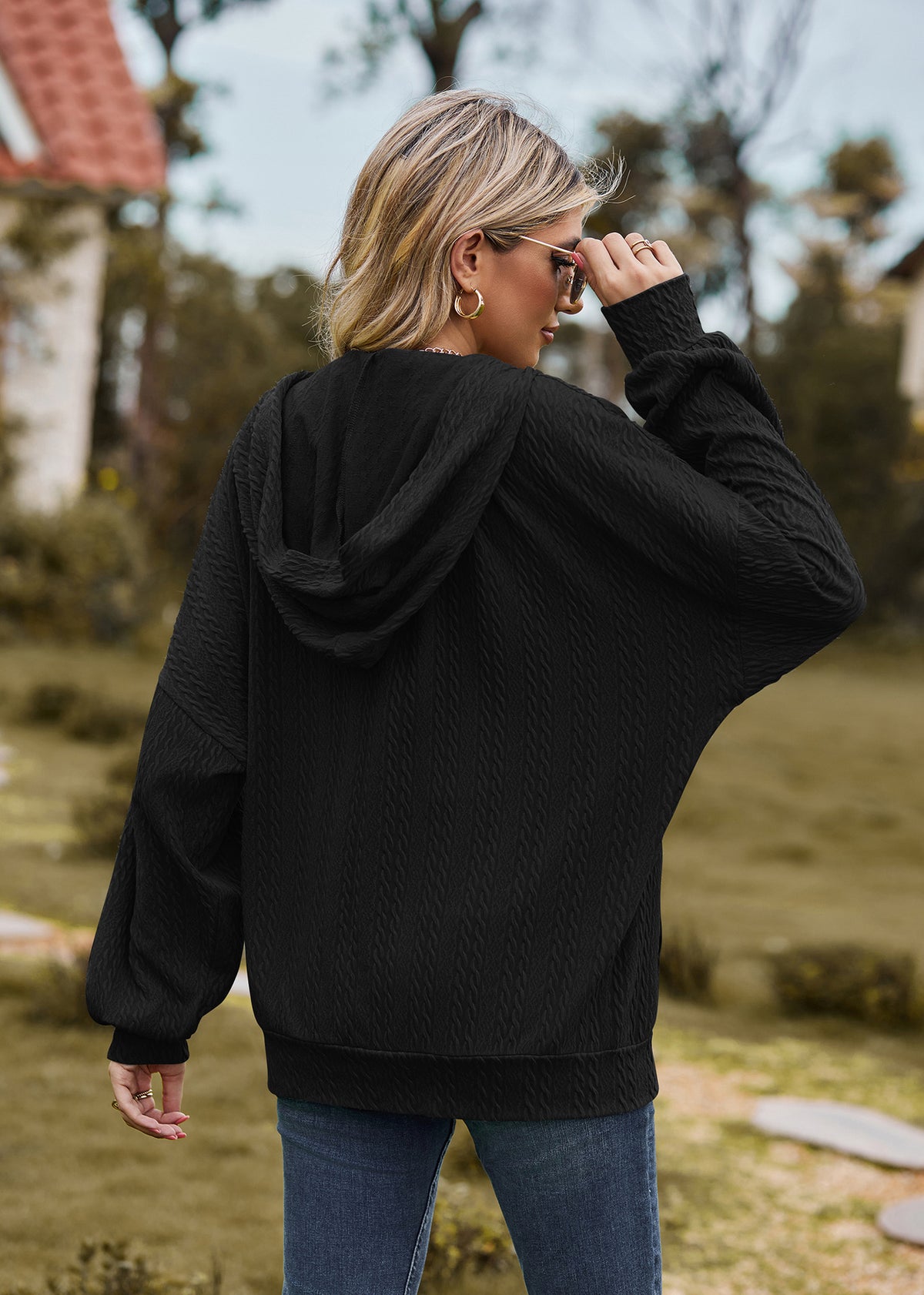 Oversized Textured Zip-Up Hoodie Jacket Pockets