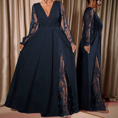 Plus Size Lace V Neck Slit Evening Maxi Dress