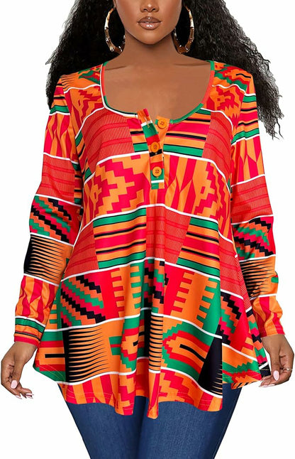 Plus Size African Print Long Sleeve Henley Tunic Top