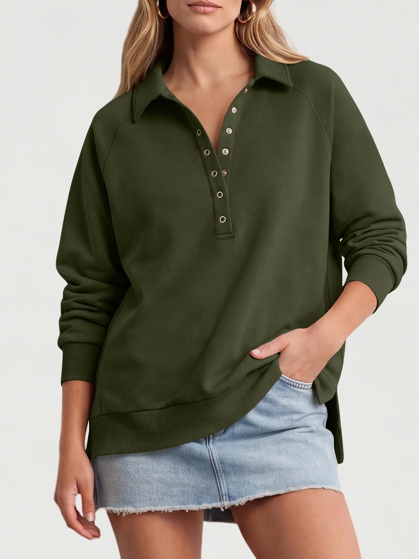 Women's Oversized Collared Button Pullover Sweatshirt
