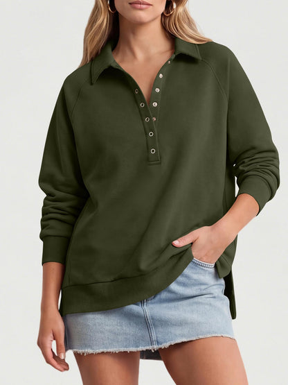 Women's Oversized Collared Button Pullover Sweatshirt