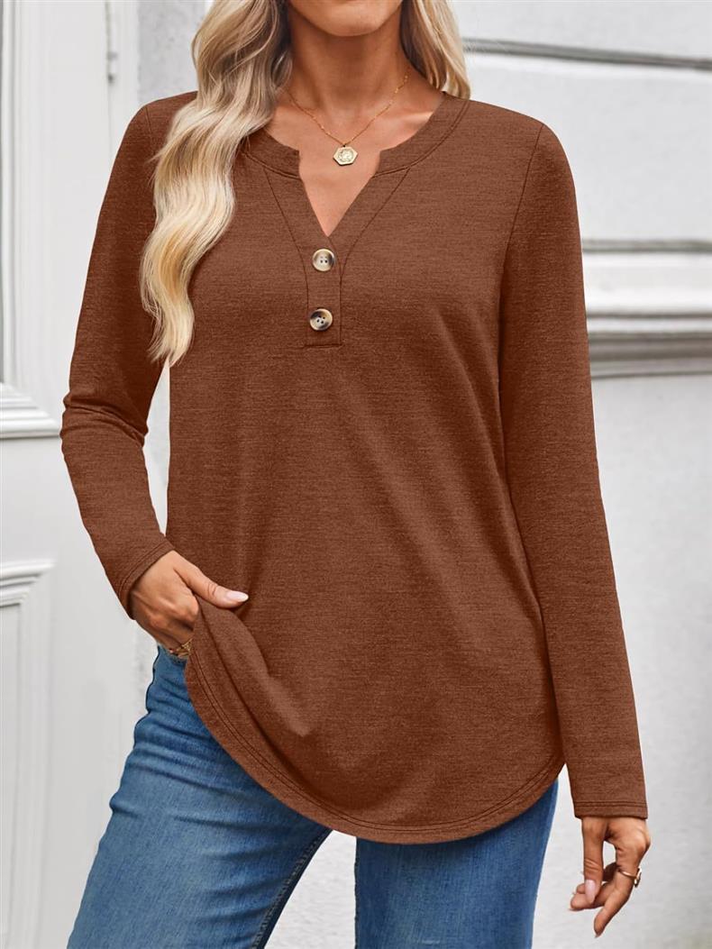 Women's Long Sleeve V-Neck Henley Loose Fit Top
