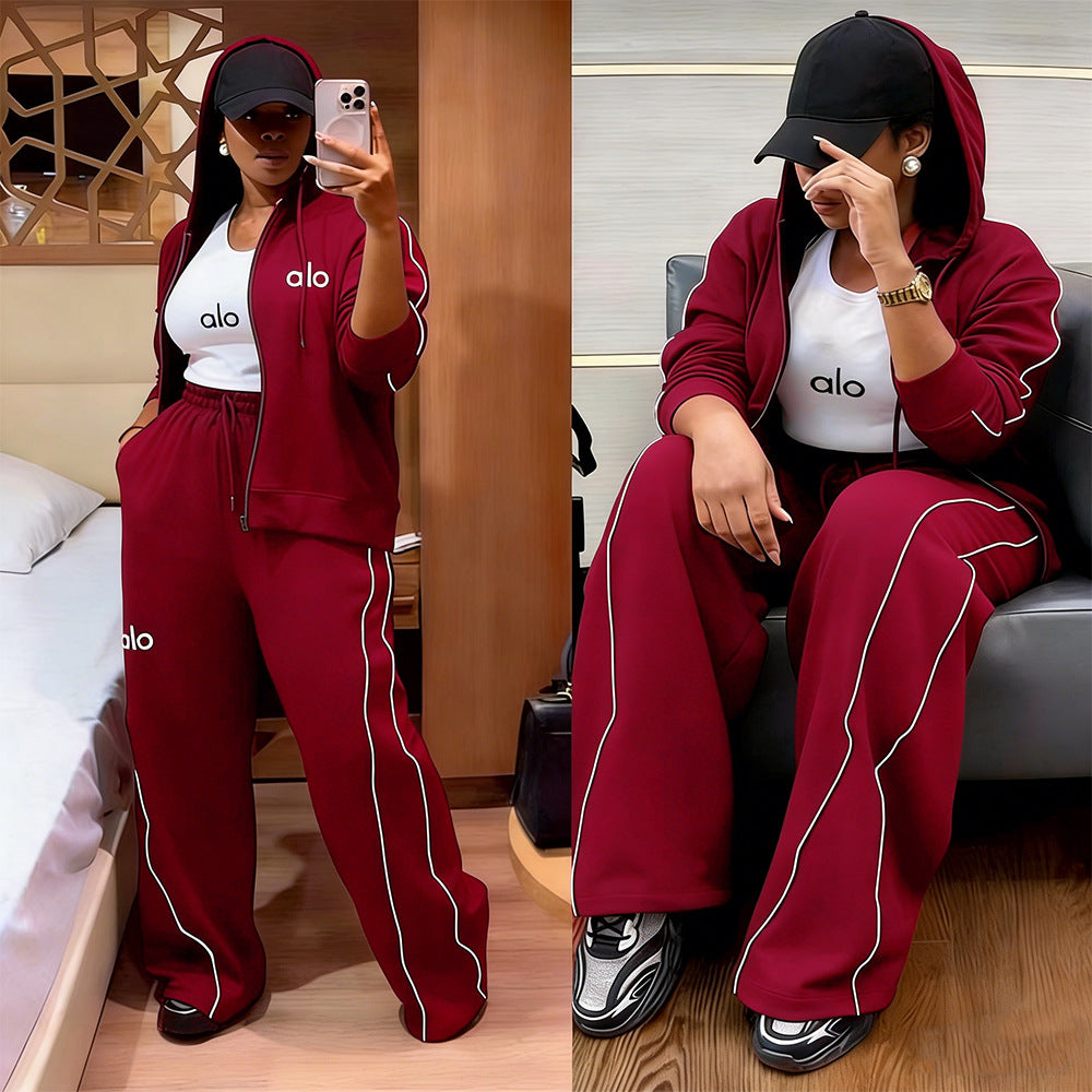 Women's Embroidered Hoodie Wide Leg 2 Piece Set