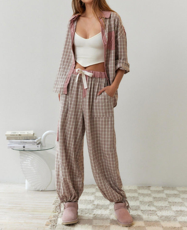 Women's Plaid Shirt Pants Matching Lounge Set