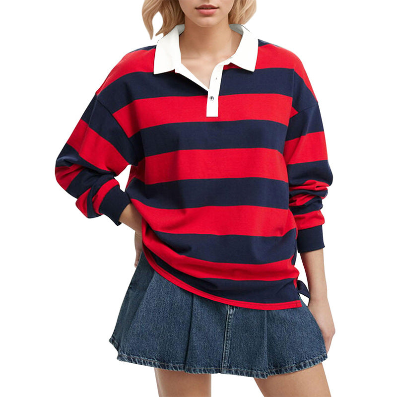 Women's Oversized Striped Polo Shirt Long Sleeve