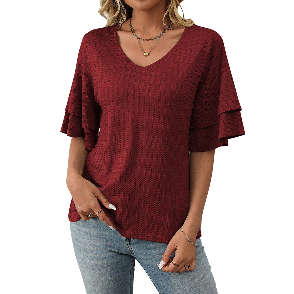 V-Neck Lotus Leaf Sleeve Women’s T-Shirt Top