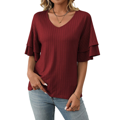 V-Neck Lotus Leaf Sleeve Women’s T-Shirt Top