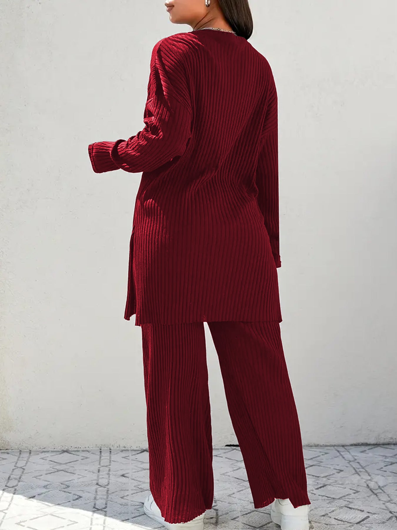 Solid Ribbed Knit Lounge Set with Wide Leg Pants