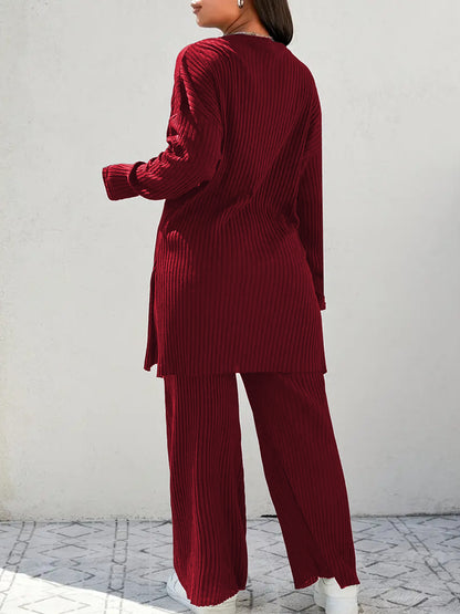 Solid Ribbed Knit Lounge Set with Wide Leg Pants