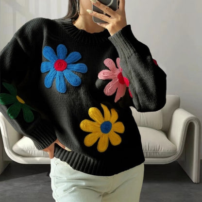 Women's Oversized Floral Embroidered Mock Neck Sweater