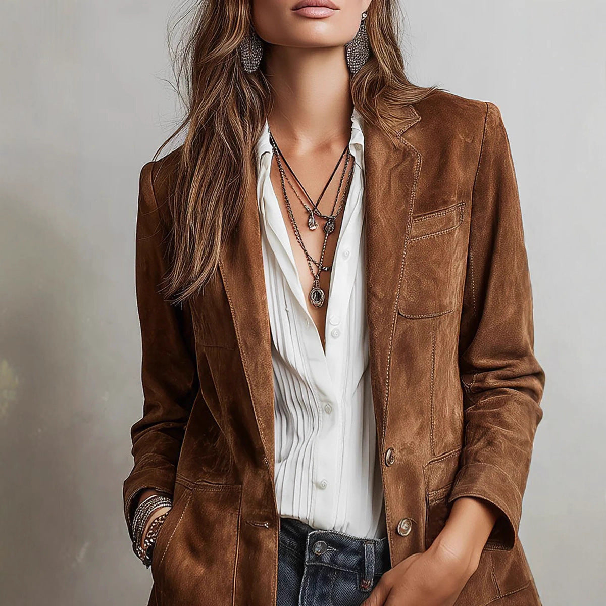 Women's Brown Faux Suede Blazer with Pockets