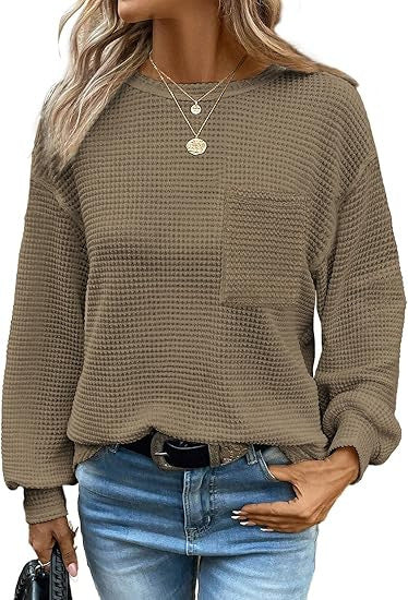 Women's Oversized Waffle Knit Crew Neck Pocket Top