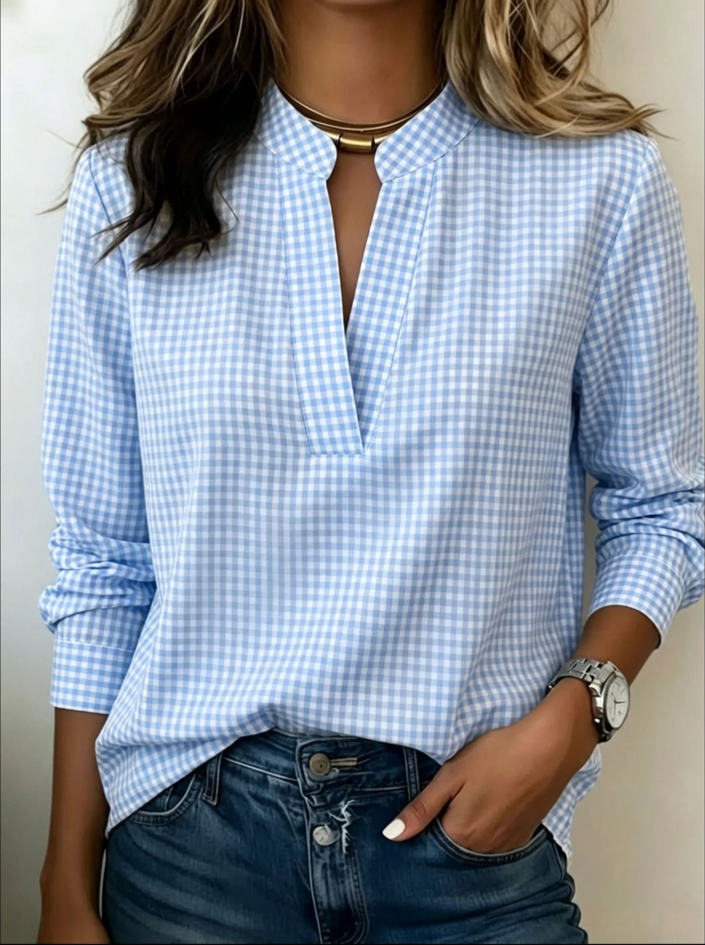 Women's Gingham Long Sleeve Pullover Blouse