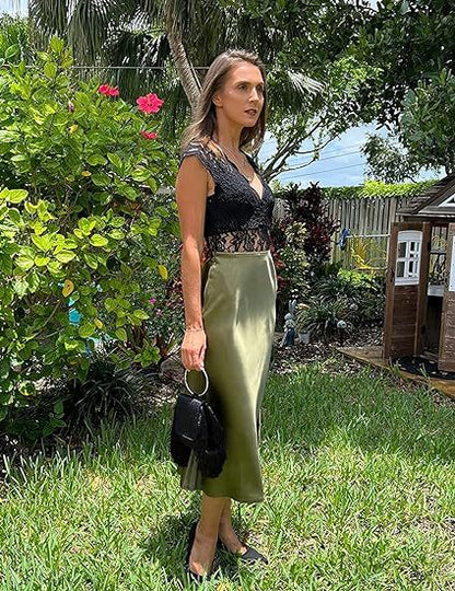 Women's Satin High-Waist Midi Skirt – Elegant Summer Slip Skirt