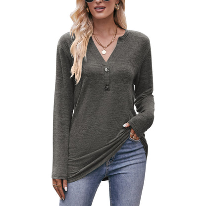 Polished Long Sleeve T-Shirt with V-Neck and Button Details