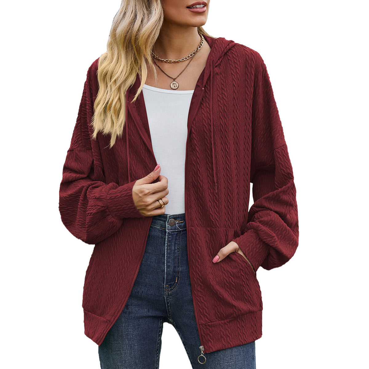 Oversized Textured Zip-Up Hoodie Jacket Pockets
