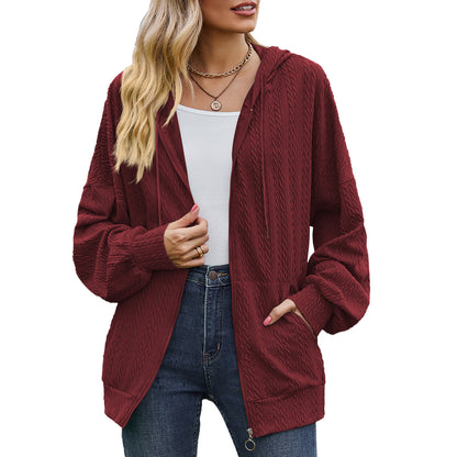 Oversized Textured Zip-Up Hoodie Jacket Pockets