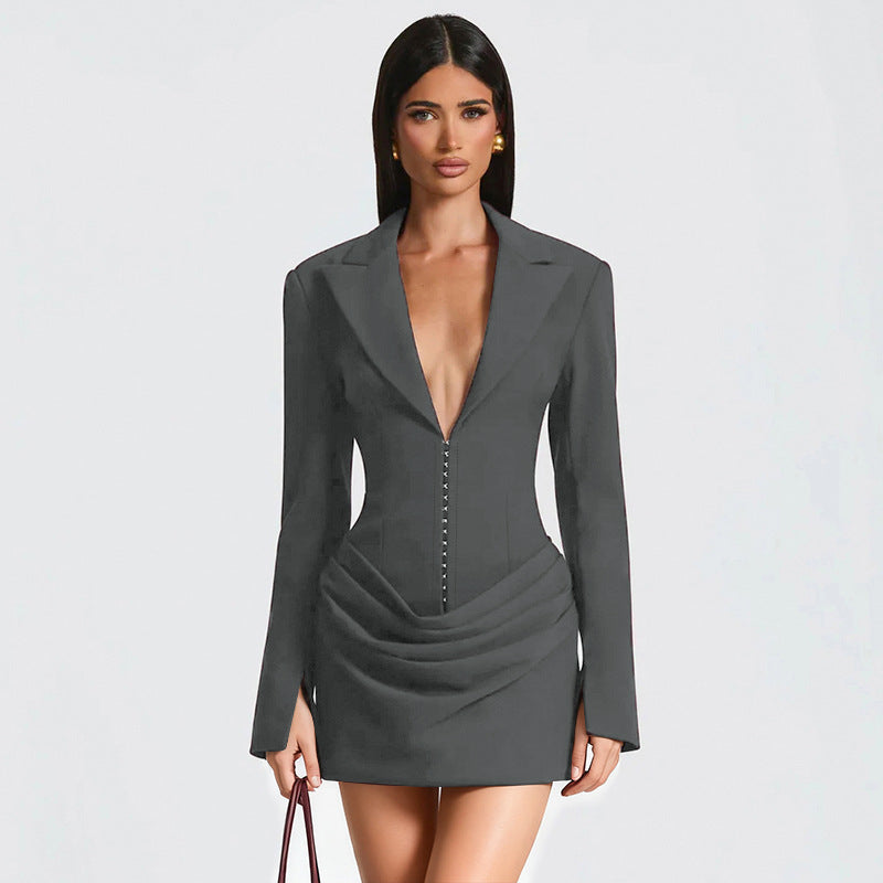Deep V Neck Blazer Dress Long Sleeve Corset Mini Dress