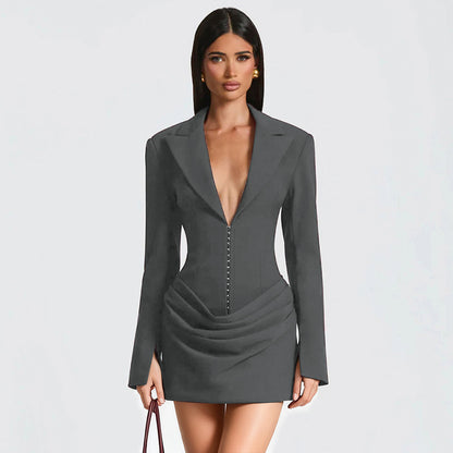 Deep V Neck Blazer Dress Long Sleeve Corset Mini Dress