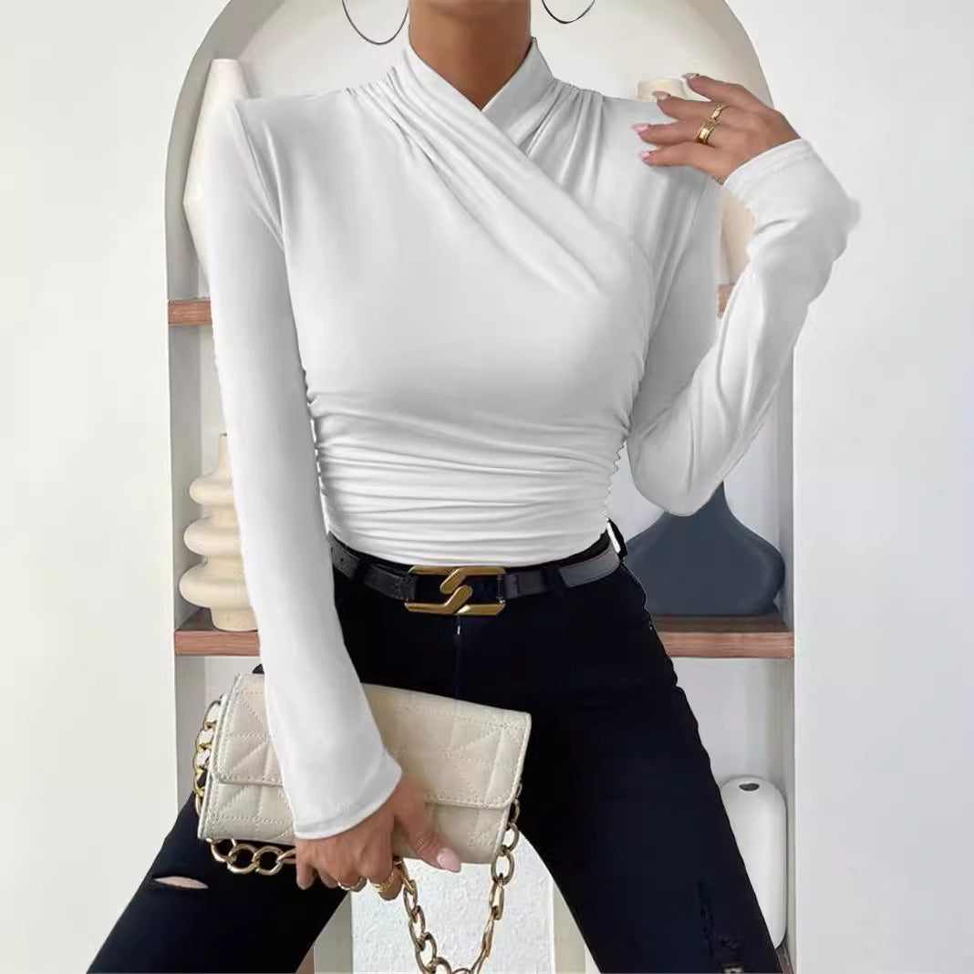 Cross Neck Ruched Long Sleeve Fitted Top