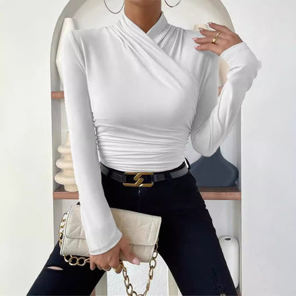 Cross Neck Ruched Long Sleeve Fitted Top
