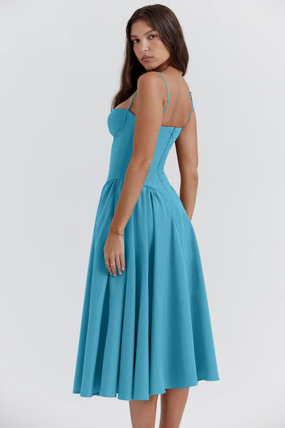 Elegant French Midi Dress Sleeveless Fit Flare Blue