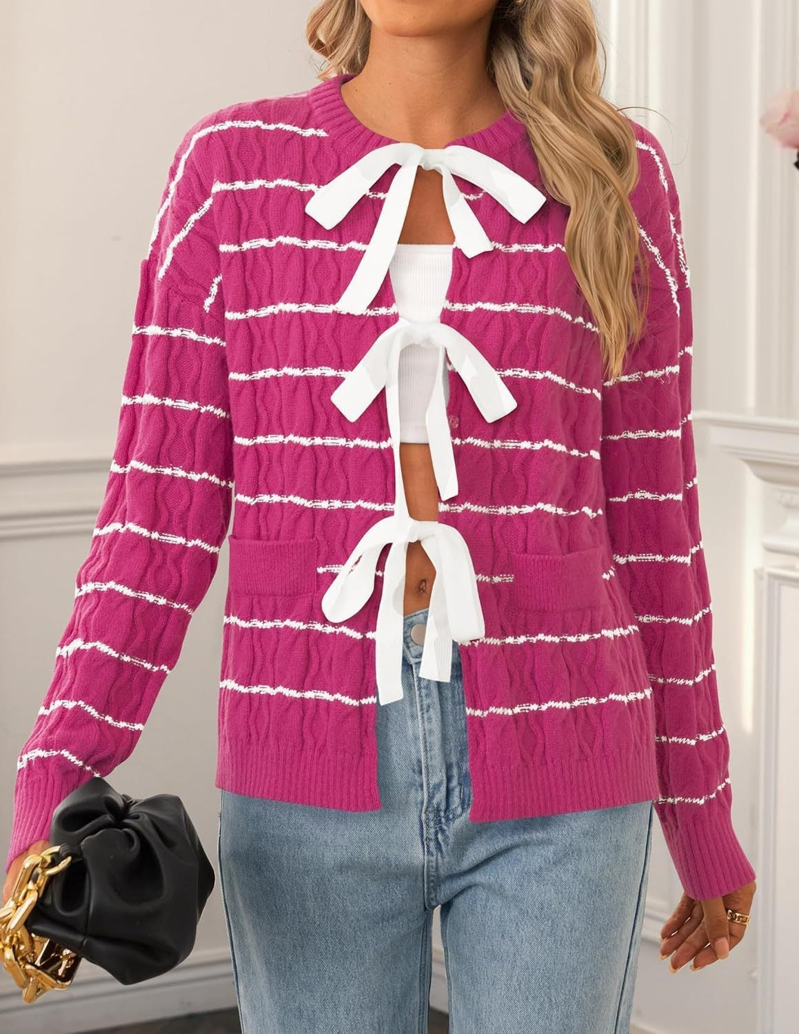 Women's Striped Bow Tie Front Cardigan Sweater
