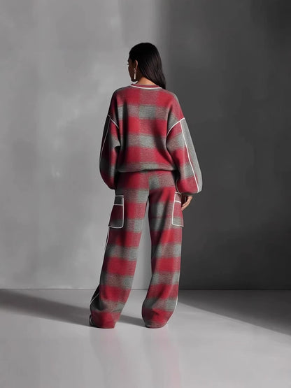 Women's Plaid Piping Oversized Sweatshirt & Pants Set
