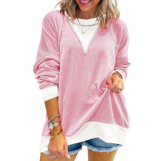 Colorblock Ribbed Sweatshirt Women Casual V Neck Pullover