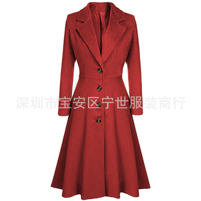 Women Winter A-Line Wool Coat Lapel Midi Jacket Pockets