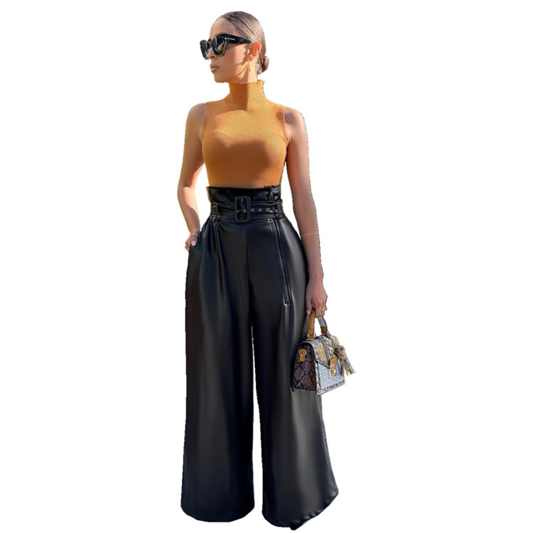 Women's High Waist PU Leather Wide Leg Belted Pants