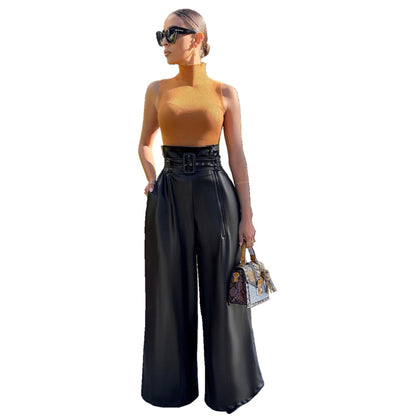 Women's High Waist PU Leather Wide Leg Belted Pants