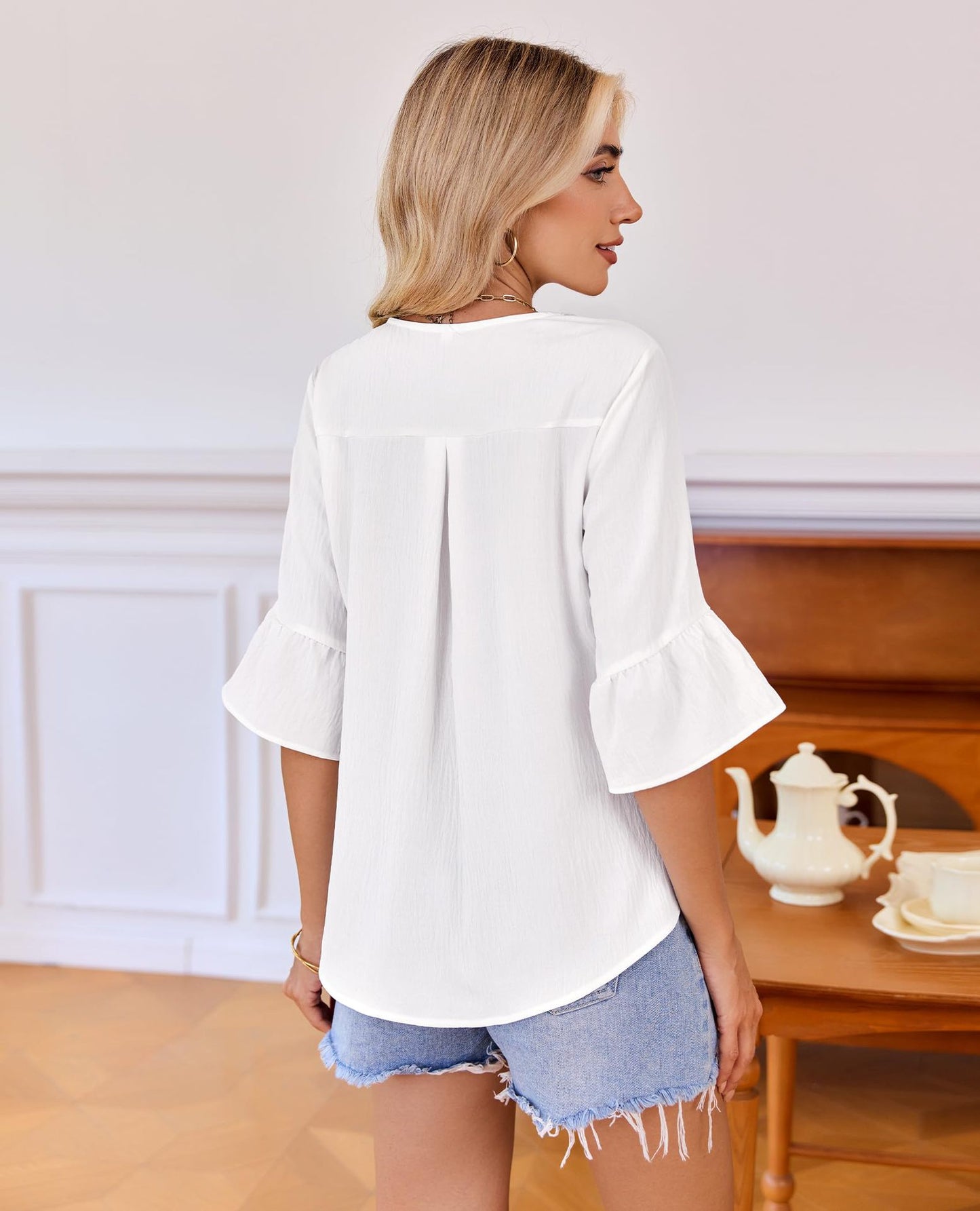 Ruffle V Neck 3/4 Sleeve Textured Blouse Top