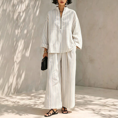 Women's Striped Half Zip Top Wide Leg Pants Set
