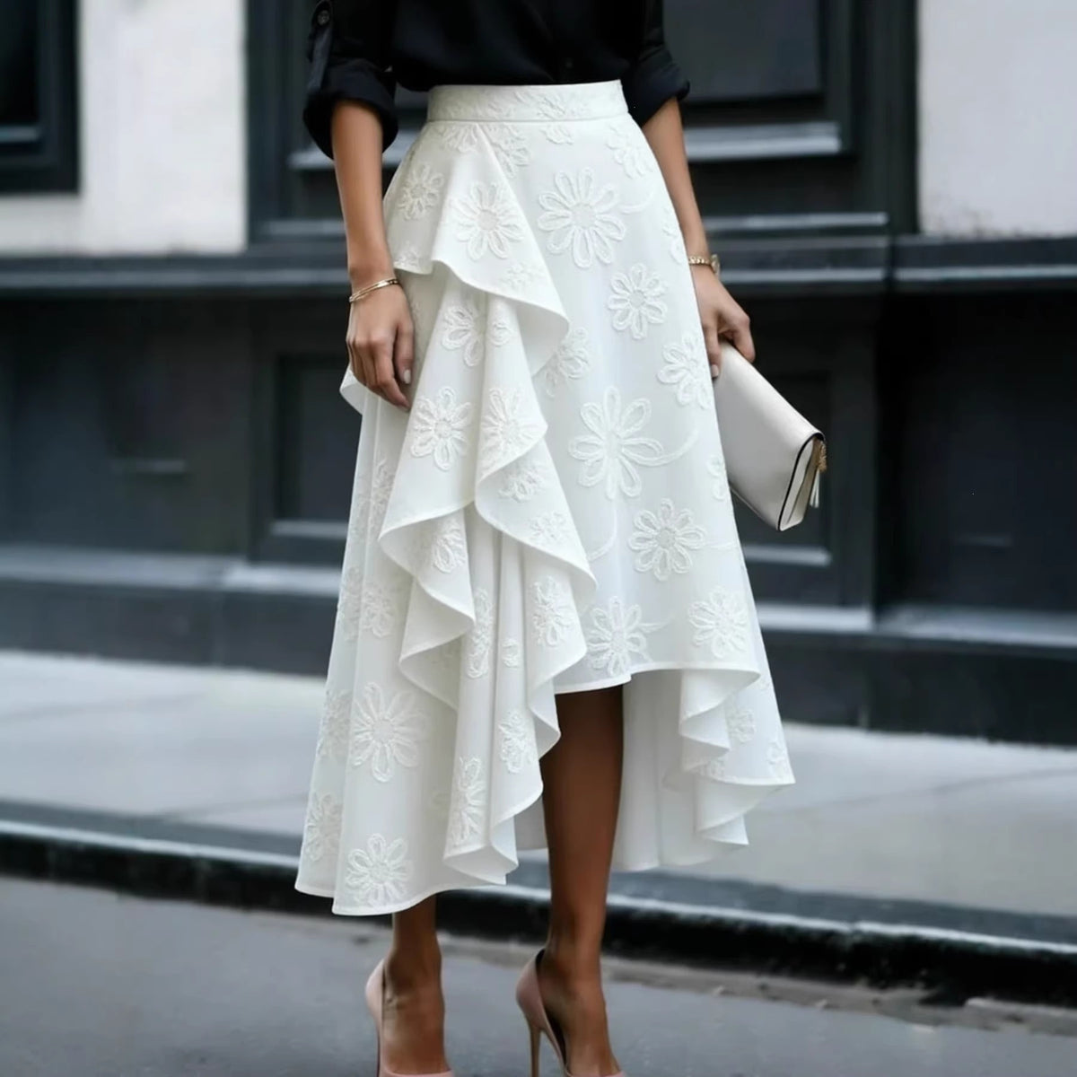 Women's Floral Asymmetrical Ruffle Midi Skirt