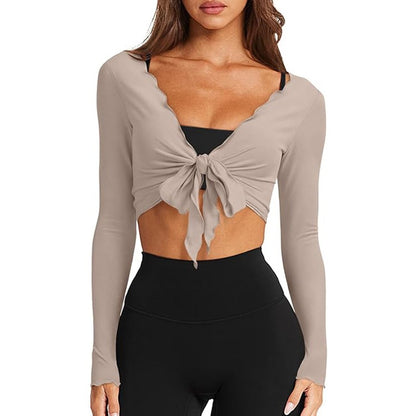 Women's V Neck Wrap Crop Top Long Sleeve Lettuce Trim Knit