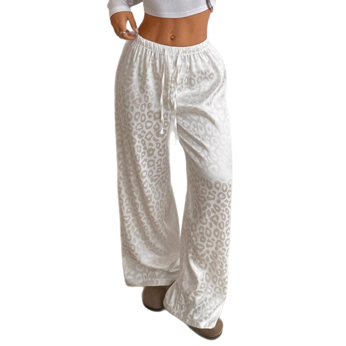 Women's Satin Leopard Drawstring Wide Leg Pants