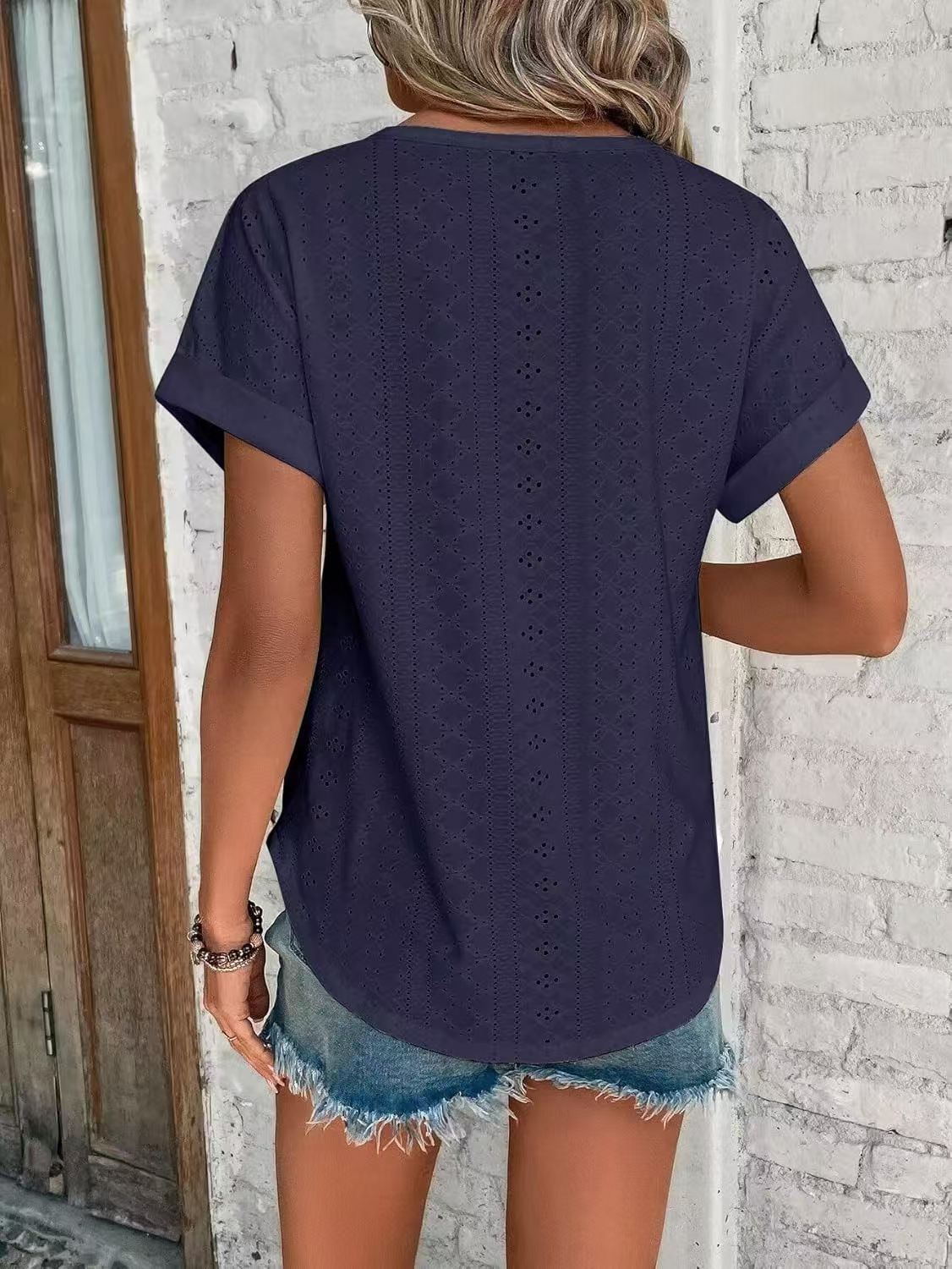 Solid Eyelet Short Sleeve Tee Loose Fit Casual Top